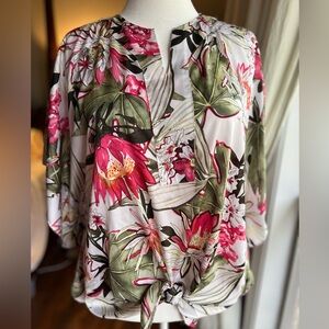 Chico’s Size 3 ( XL ) Tropical Floral Tie Front Blouse Silky Top Dolman